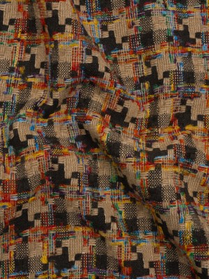 Wool Blend Tweedy Boucle Woven – Brown, Beige and Rainbow Blocky Houndstooth Wool Blend Tweedy Boucle Woven – Brown, Beige and Rainbow Blocky Houndstooth