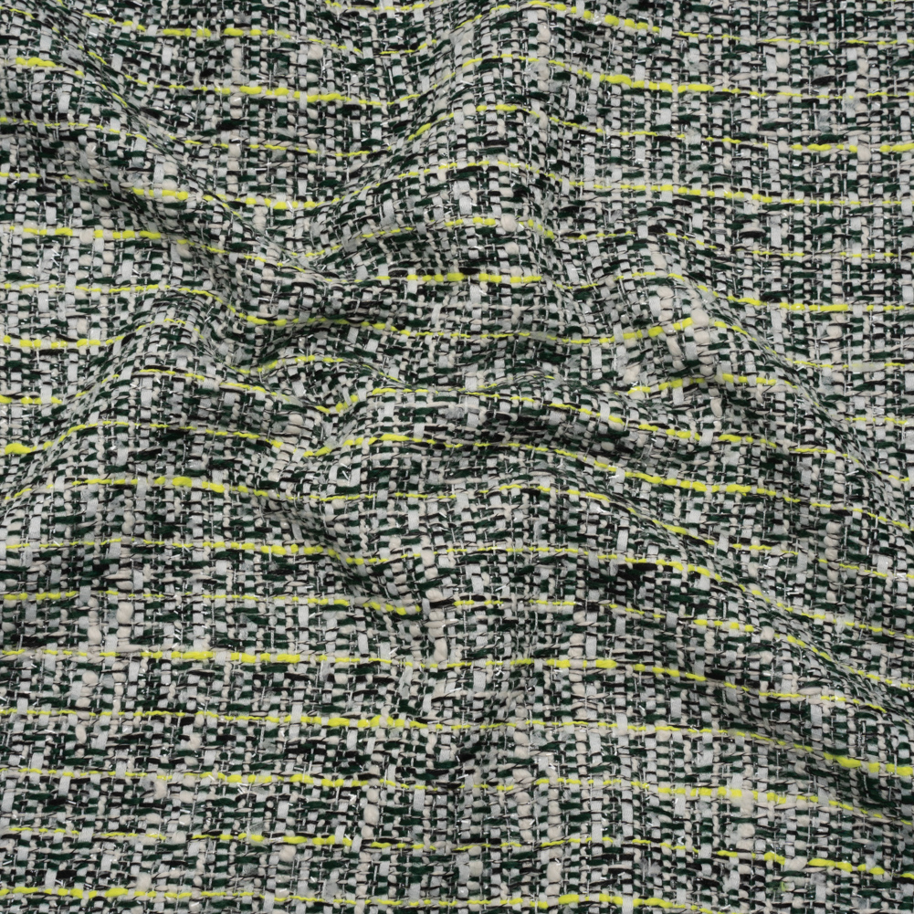 Acrylic Tweed with Clear Eyelash Fringe – Green, White and Neon Yellow Abstract and Striped – Deadstock Acrylic Tweed with Clear Eyelash Fringe – Green, White and Neon Yellow Abstract and Striped – Deadstock