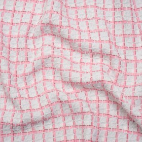 Tweedy Polyester Woven – White and Pink Ribbon Windowpane Checks – Deadstock Tweedy Polyester Woven – White and Pink Ribbon Windowpane Checks – Deadstock