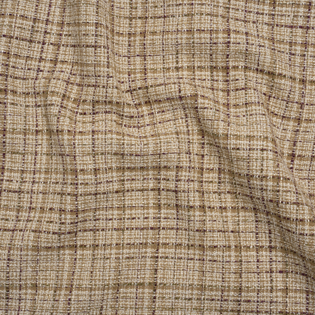 Metallic Polyester Tweed – Beige, White and Burgundy Plaid with Gold Accents – Deadstock Metallic Polyester Tweed – Beige, White and Burgundy Plaid with Gold Accents – Deadstock