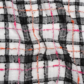Slubbed Gauzy Polyester Woven – Black, White and Pink Plaid – Deadstock Slubbed Gauzy Polyester Woven – Black, White and Pink Plaid – Deadstock