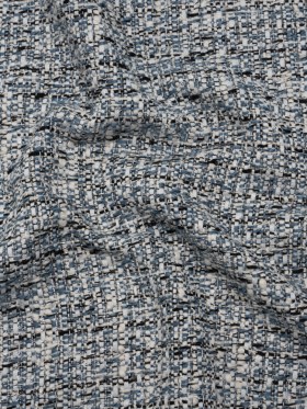 Polyester Tweed with Clear Eyelash Fringe – Blue, White and Black Abstract – Deadstock Polyester Tweed with Clear Eyelash Fringe – Blue, White and Black Abstract – Deadstock