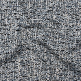 Polyester Tweed with Clear Eyelash Fringe – Blue, White and Black Abstract – Deadstock Polyester Tweed with Clear Eyelash Fringe – Blue, White and Black Abstract – Deadstock