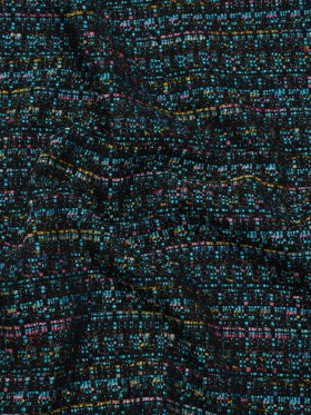 Polyester Tweed with Metallic Gold Strands – Turquoise, Black and Pink Striations – Deadstock Polyester Tweed with Metallic Gold Strands – Turquoise, Black and Pink Striations – Deadstock