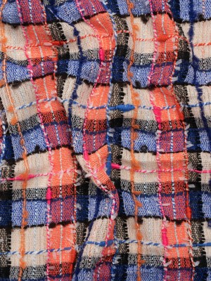 Gauzy Polyester Tweed Woven – Blue, Ivory and Coral Slubbed Plaid – Deadstock Gauzy Polyester Tweed Woven – Blue, Ivory and Coral Slubbed Plaid – Deadstock