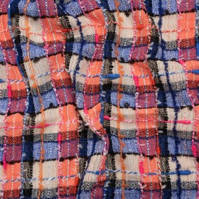 Gauzy Polyester Tweed Woven – Blue, Ivory and Coral Slubbed Plaid – Deadstock Gauzy Polyester Tweed Woven – Blue, Ivory and Coral Slubbed Plaid – Deadstock