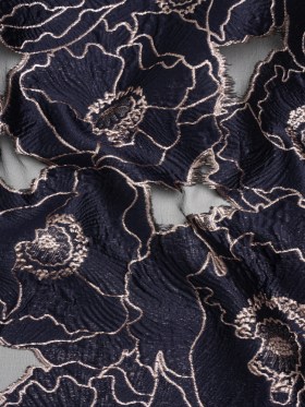 Metallic Burnout Brocade – Navy Blue and Rose Gold All-Over Outlined Flowers Metallic Burnout Brocade – Navy Blue and Rose Gold All-Over Outlined Flowers