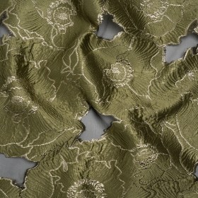 Metallic Burnout Brocade – Olive Green and Gold All-Over Outlined Flowers Metallic Burnout Brocade – Olive Green and Gold All-Over Outlined Flowers