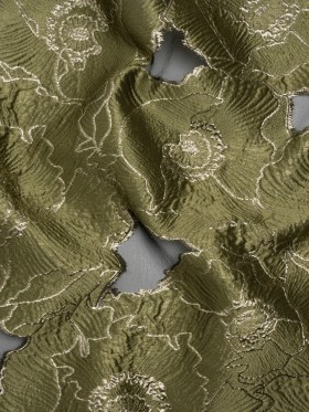 Metallic Burnout Brocade – Olive Green and Gold All-Over Outlined Flowers Metallic Burnout Brocade – Olive Green and Gold All-Over Outlined Flowers
