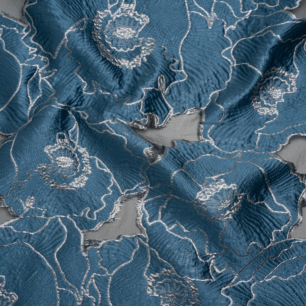 Metallic Burnout Brocade – Country Blue and Silver All-Over Outlined Flowers Metallic Burnout Brocade – Country Blue and Silver All-Over Outlined Flowers