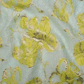 Metallic Brocade – Aqua Blue, Lime Green and Gold Flowers on Flowers Metallic Brocade – Aqua Blue, Lime Green and Gold Flowers on Flowers