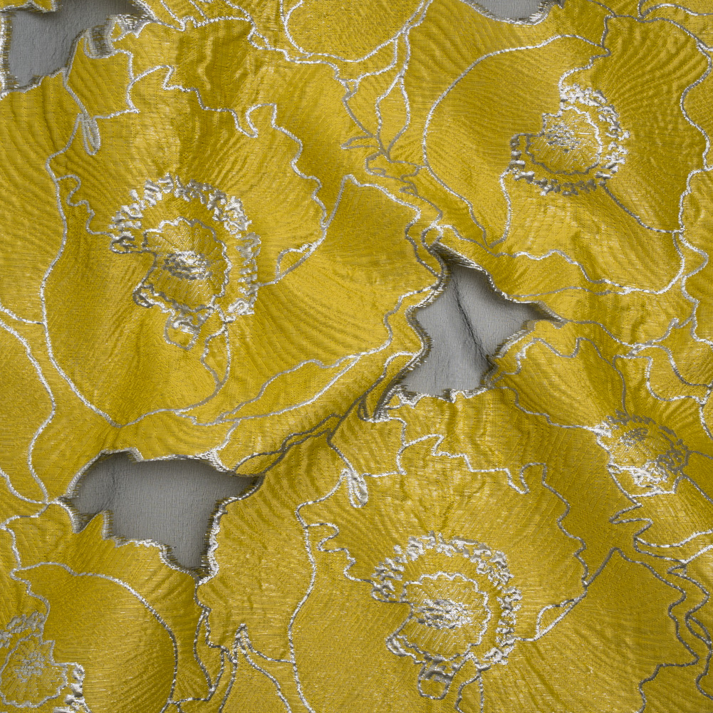 Metallic Burnout Brocade – Gamboge Yellow and Silver All-Over Outlined Flowers Metallic Burnout Brocade – Gamboge Yellow and Silver All-Over Outlined Flowers