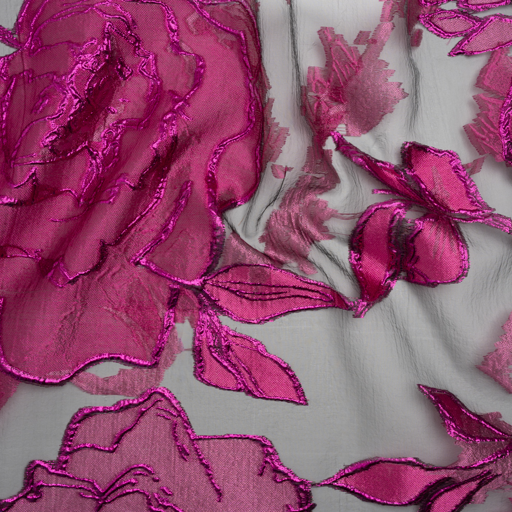 Metallic Burnout Brocade – Hot Pink, Black and Magenta Roses and Hyacinths Metallic Burnout Brocade – Hot Pink, Black and Magenta Roses and Hyacinths