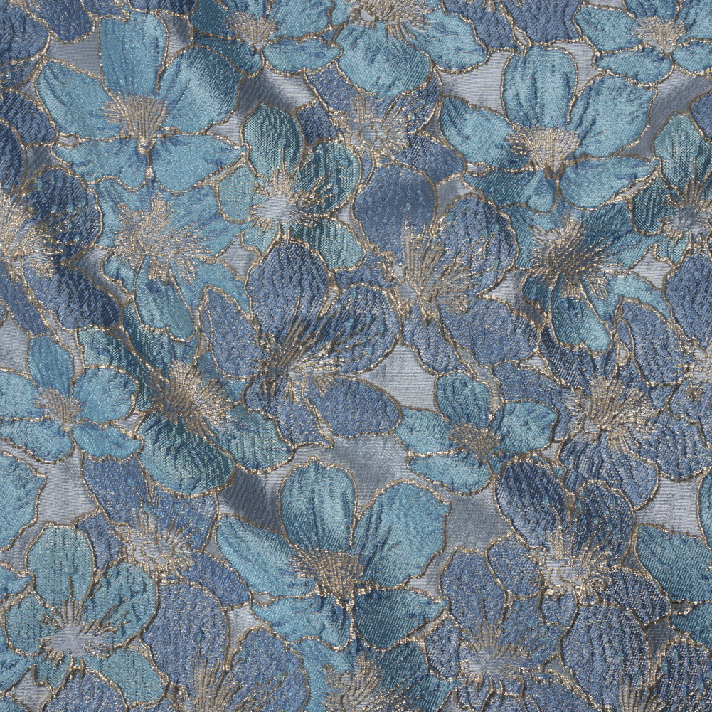 Metallic Brocade – Blue and Gold Floating Blossoms Metallic Brocade – Blue and Gold Floating Blossoms