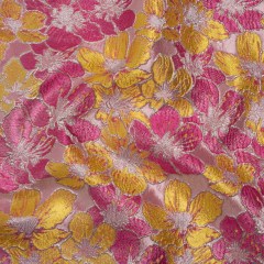 Metallic Brocade – Bright Pink, Yellow and Silver Floating Blossoms Metallic Brocade – Bright Pink, Yellow and Silver Floating Blossoms