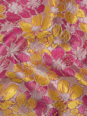 Metallic Brocade – Bright Pink, Yellow and Silver Floating Blossoms Metallic Brocade – Bright Pink, Yellow and Silver Floating Blossoms