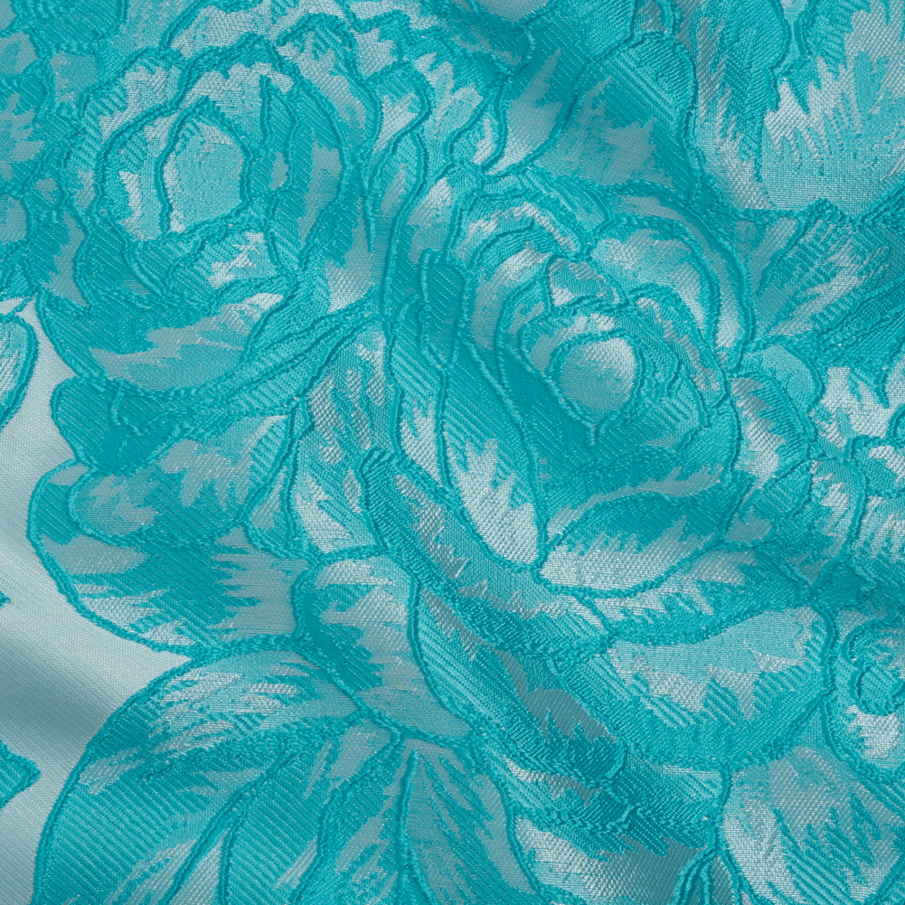 Polyester Brocade – Pale Blue and Turquoise Cabbage Roses Polyester Brocade – Pale Blue and Turquoise Cabbage Roses