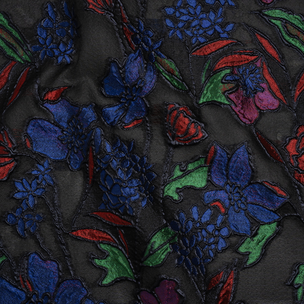 Metallic Burnout Brocade – Black, Red and Blue Festive Florals Metallic Burnout Brocade – Black, Red and Blue Festive Florals
