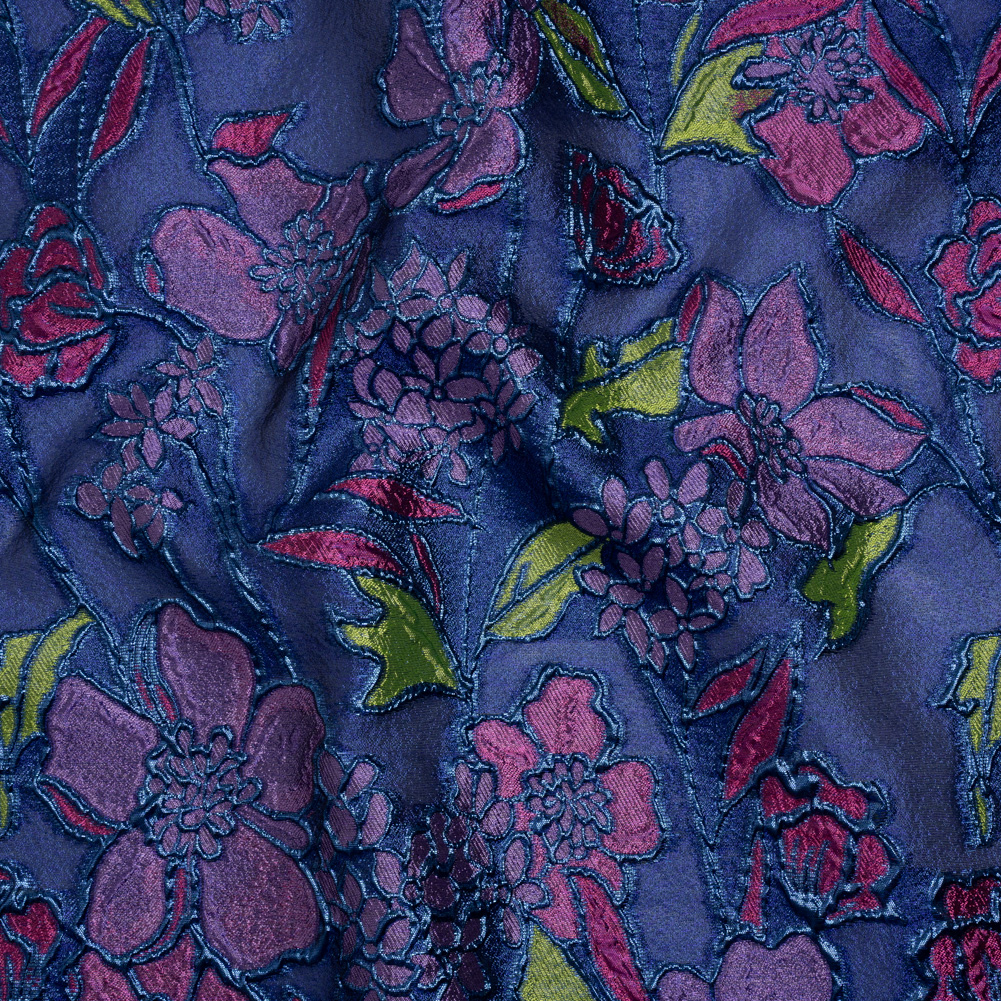 Metallic Burnout Brocade – Pink, Purple and Royal Blue Festive Florals Metallic Burnout Brocade – Pink, Purple and Royal Blue Festive Florals