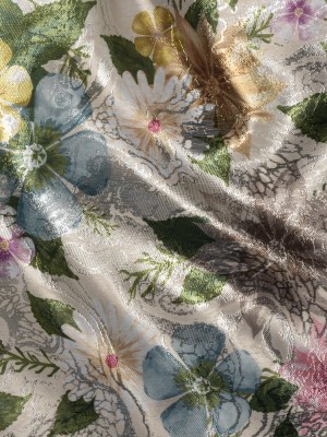 Printed Metallic Brocade – Pink, Blue and Green Floral on Silver Metamorphic Abstractions Printed Metallic Brocade – Pink, Blue and Green Floral on Silver Metamorphic Abstractions