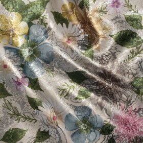 Printed Metallic Brocade – Pink, Blue and Green Floral on Silver Metamorphic Abstractions Printed Metallic Brocade – Pink, Blue and Green Floral on Silver Metamorphic Abstractions