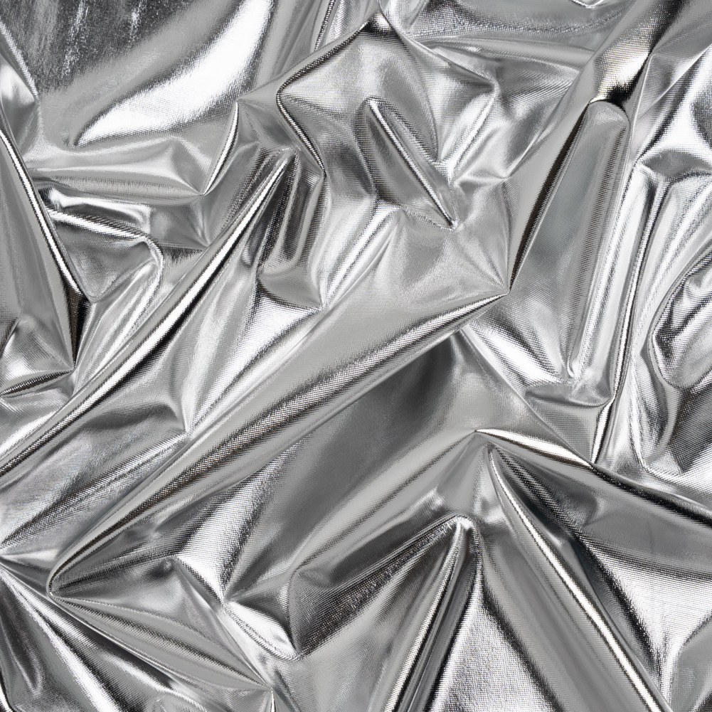 Foiled Faux Leather Stretch Knit – Silver with White Backing – Alison Collection Foiled Faux Leather Stretch Knit – Silver with White Backing – Alison Collection