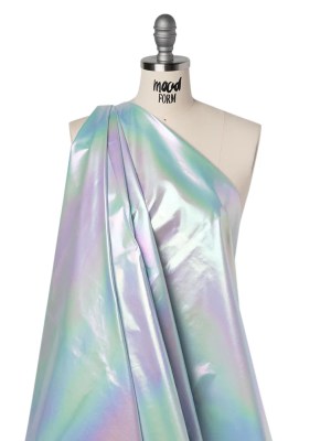 Metallic Lame Jacketing – Pastel Rainbow Ombre Stripe on Pale Blue – Inez Collection Metallic Lame Jacketing – Pastel Rainbow Ombre Stripe on Pale Blue – Inez Collection
