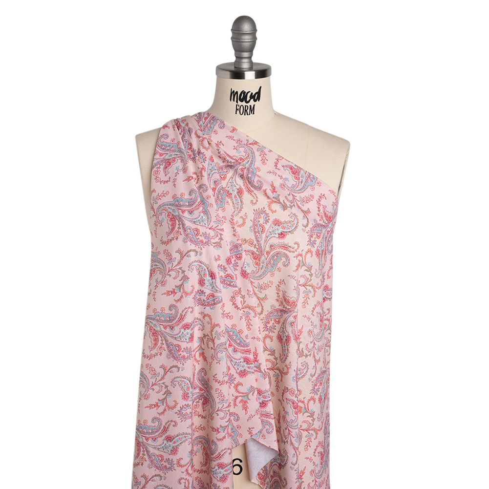 Cotton and Viscose Jersey Print – Pink, Blue and Sage Green Paisley – Deadstock Cotton and Viscose Jersey Print – Pink, Blue and Sage Green Paisley – Deadstock