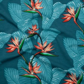 Stretch Cotton Jersey Print – Teal, Red and Green Tropical Blooms and Leaves – Deadstock Stretch Cotton Jersey Print – Teal, Red and Green Tropical Blooms and Leaves – Deadstock