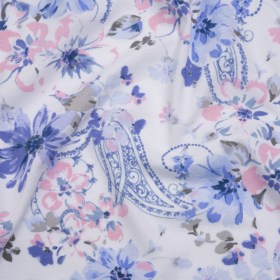 Cotton Jersey Print – Pink, Blue and White Watercolor Flowers and Paisley – Deadstock Cotton Jersey Print – Pink, Blue and White Watercolor Flowers and Paisley – Deadstock