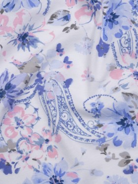 Cotton Jersey Print – Pink, Blue and White Watercolor Flowers and Paisley – Deadstock Cotton Jersey Print – Pink, Blue and White Watercolor Flowers and Paisley – Deadstock