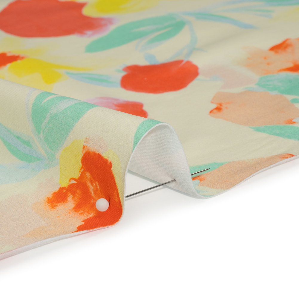 Stretch Nylon Swimwear Tricot - Lemon Yellow, Red Orange and Mint Green Painted Flowers - Designer Deadstock