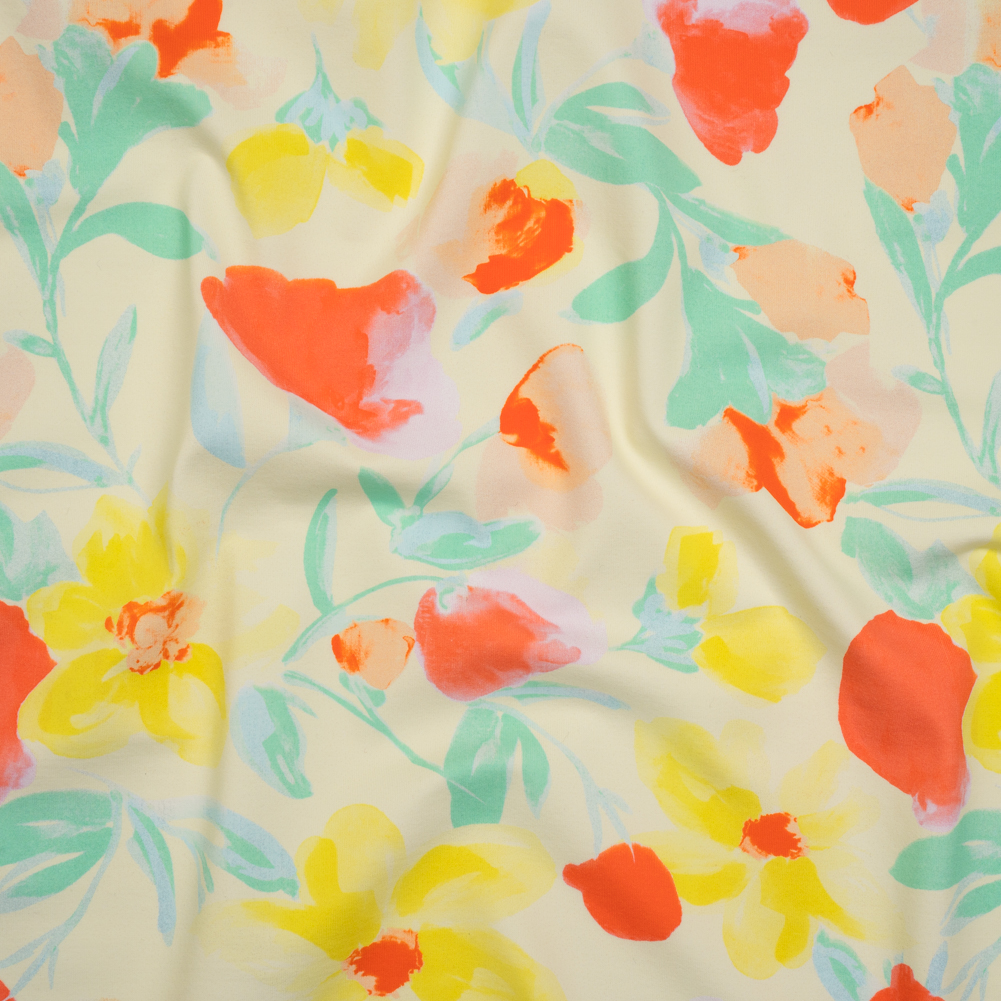 Stretch Nylon Swimwear Tricot – Lemon Yellow, Red Orange and Mint Green Painted Flowers – Designer Deadstock Stretch Nylon Swimwear Tricot – Lemon Yellow, Red Orange and Mint Green Painted Flowers – Designer Deadstock
