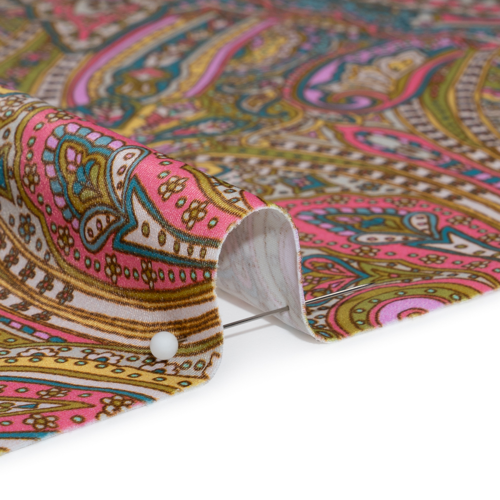 Stretch Nylon Swimwear Tricot - Pink, Olive Green and Blue Ornate Paisleys - Designer Deadstock