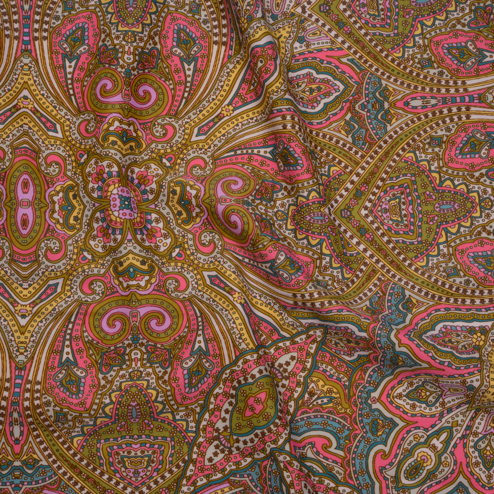 Stretch Nylon Swimwear Tricot – Pink, Olive Green and Blue Ornate Paisleys – Designer Deadstock Stretch Nylon Swimwear Tricot – Pink, Olive Green and Blue Ornate Paisleys – Designer Deadstock