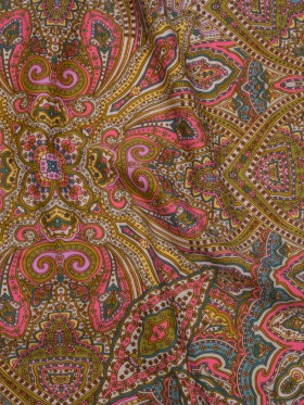 Stretch Nylon Swimwear Tricot – Pink, Olive Green and Blue Ornate Paisleys – Designer Deadstock Stretch Nylon Swimwear Tricot – Pink, Olive Green and Blue Ornate Paisleys – Designer Deadstock