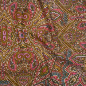 Stretch Nylon Swimwear Tricot – Pink, Olive Green and Blue Ornate Paisleys – Designer Deadstock Stretch Nylon Swimwear Tricot – Pink, Olive Green and Blue Ornate Paisleys – Designer Deadstock