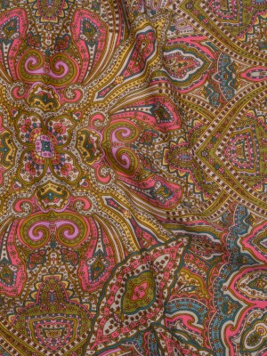 Stretch Nylon Swimwear Tricot – Pink, Olive Green and Blue Ornate Paisleys – Designer Deadstock Stretch Nylon Swimwear Tricot – Pink, Olive Green and Blue Ornate Paisleys – Designer Deadstock