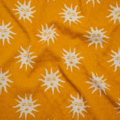 Stretch Ruched Nylon Jersey – Marigold Yellow and White Suns with Faces – Designer Deadstock Stretch Ruched Nylon Jersey – Marigold Yellow and White Suns with Faces – Designer Deadstock