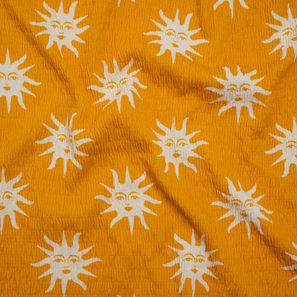 Stretch Ruched Nylon Jersey – Marigold Yellow and White Suns with Faces – Designer Deadstock Stretch Ruched Nylon Jersey – Marigold Yellow and White Suns with Faces – Designer Deadstock