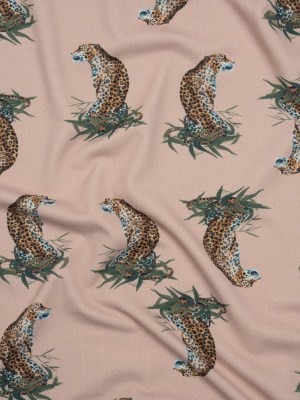 Stretch Nylon Swimwear Tricot – Beige, Brown and Green Leopard in Leaves – Designer Deadstock Stretch Nylon Swimwear Tricot – Beige, Brown and Green Leopard in Leaves – Designer Deadstock