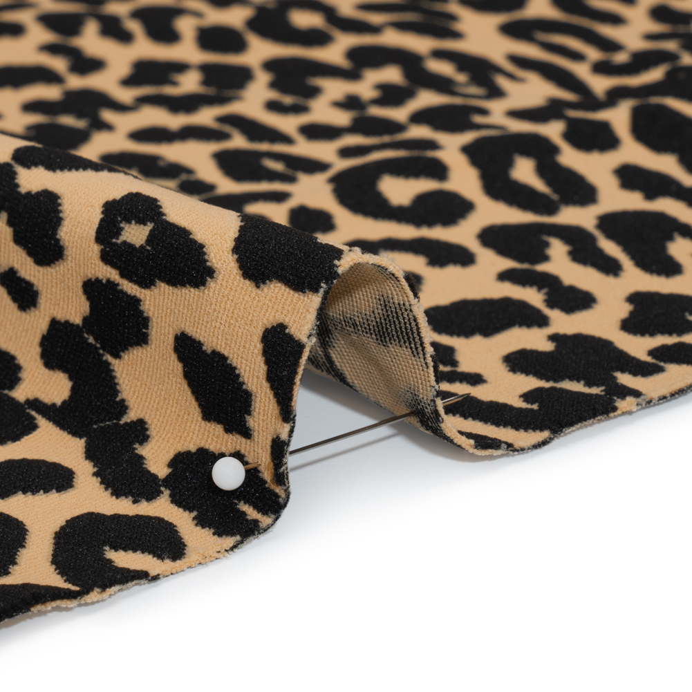 Stretch Polyester Jacquard Knit - Beige and Black Leopard Spots - Designer Deadstock