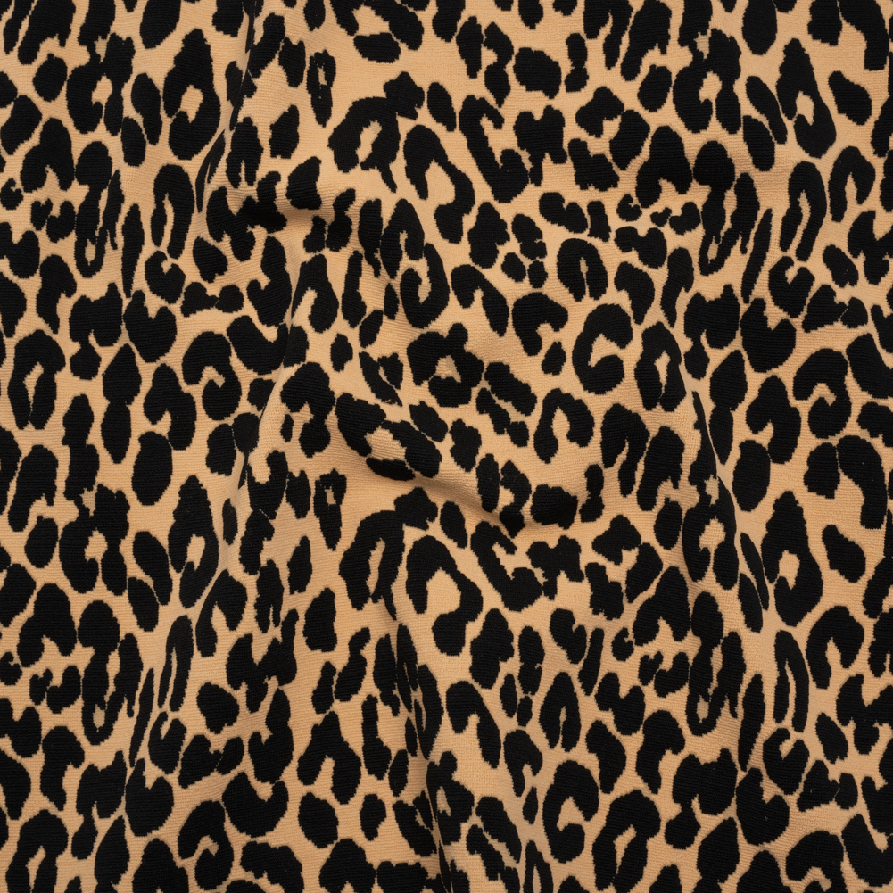 Stretch Polyester Jacquard Knit – Beige and Black Leopard Spots – Designer Deadstock Stretch Polyester Jacquard Knit – Beige and Black Leopard Spots – Designer Deadstock