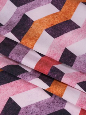 Stretch Nylon Jersey – Eggplant Purple, Pink and Burnt Orange Geometric Chevrons – Designer Deadstock Stretch Nylon Jersey – Eggplant Purple, Pink and Burnt Orange Geometric Chevrons – Designer Deadstock