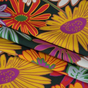 Stretch Polyester Jersey – Purple, Yellow and Red Funky Florals – Designer Deadstock Stretch Polyester Jersey – Purple, Yellow and Red Funky Florals – Designer Deadstock