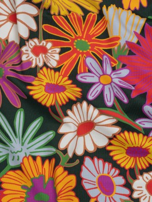 Stretch Polyester Jersey – Purple, Yellow and Red Funky Florals – Designer Deadstock Stretch Polyester Jersey – Purple, Yellow and Red Funky Florals – Designer Deadstock