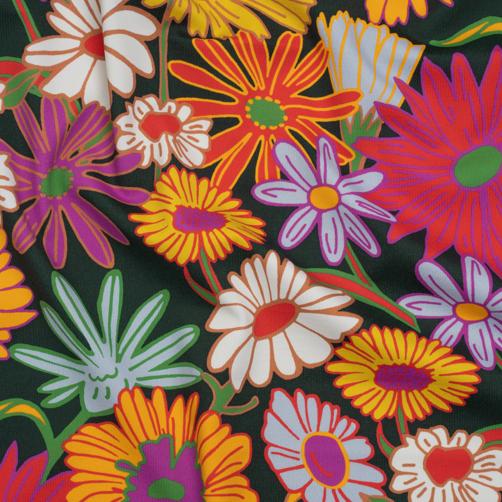 Stretch Polyester Jersey – Purple, Yellow and Red Funky Florals – Designer Deadstock Stretch Polyester Jersey – Purple, Yellow and Red Funky Florals – Designer Deadstock
