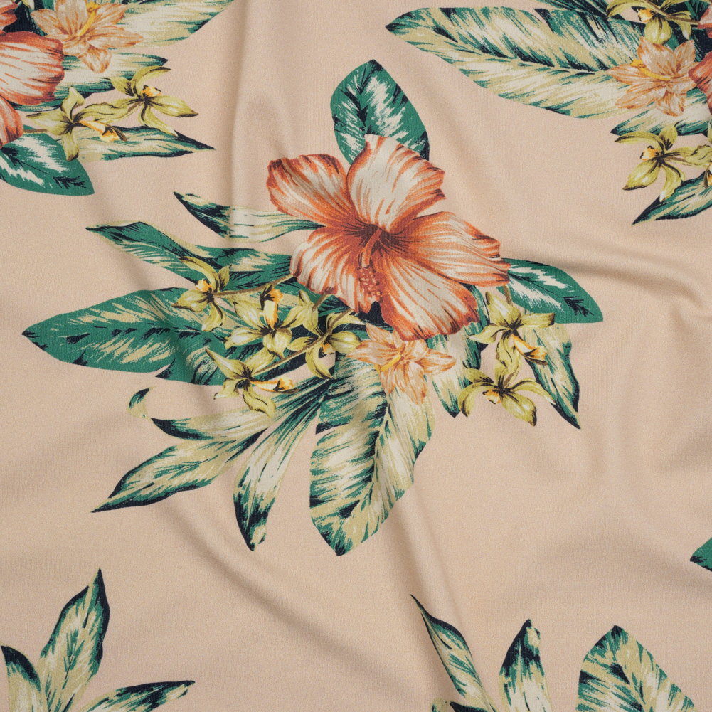 Stretch Nylon Swimwear Tricot – Beige, Green and Pink Tropical Bouquets – Designer Deadstock Stretch Nylon Swimwear Tricot – Beige, Green and Pink Tropical Bouquets – Designer Deadstock