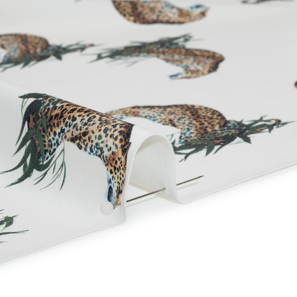 Stretch Nylon Swimwear Tricot – White, Brown and Green Leopard in Leaves – Designer Deadstock Stretch Nylon Swimwear Tricot – White, Brown and Green Leopard in Leaves – Designer Deadstock