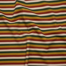 Stretch Polyester Pique Knit – Brick Red, Gold and Green Horizontal Stripes – Designer Deadstock Stretch Polyester Pique Knit – Brick Red, Gold and Green Horizontal Stripes – Designer Deadstock